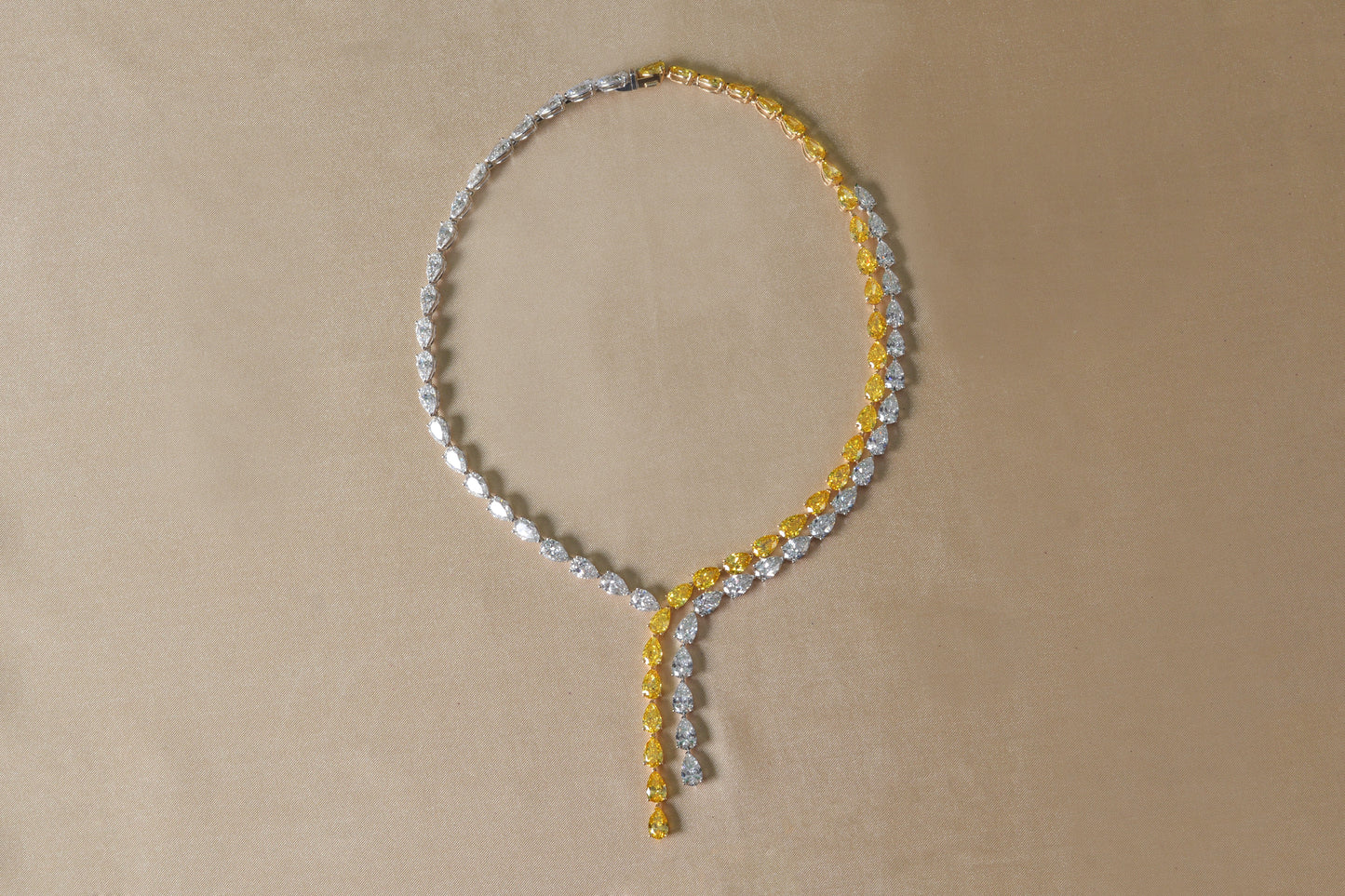 75.6 CTTW Yellow and White Pear Shaped Lab Diamond Drop Couture Statement Necklace in 18kt White Gold