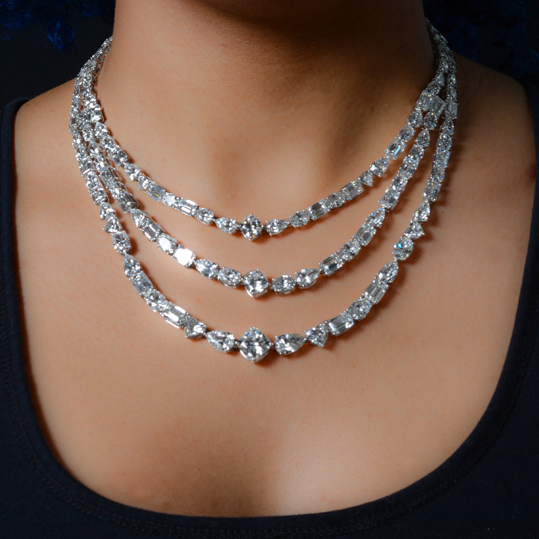 150.16 CTTW Three Row Lab Diamond Mixed Shape Statement Necklace in 18kt White Gold