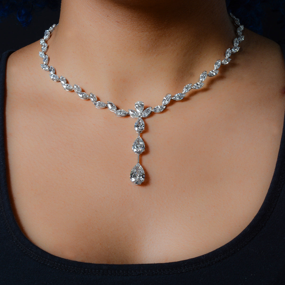 40.36 CTTW Pear and Marquise Lab Diamond Drop Couture Statement Necklace in 18kt White Gold